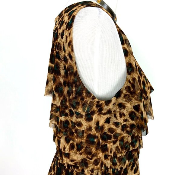 New Kay Unger Tiered Ruffle Mesh Leopard Pattern Sleeveless Dress Large - Picture 5 of 16